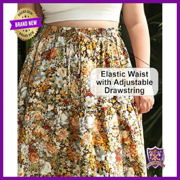 Plus Size Maxi Skirt Elastic Waist Pockets A-Line Tiered Long Boho - Picture 4 of 7